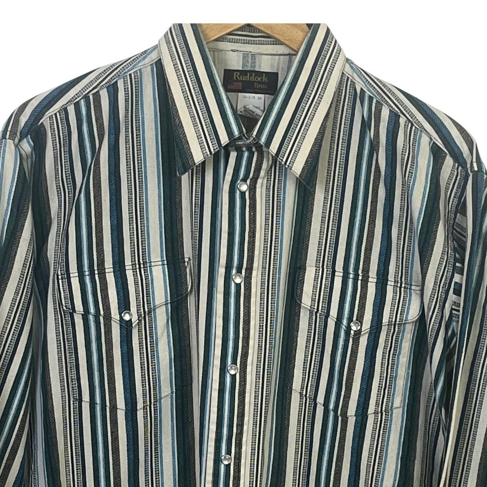 VTG Ruddock XLong Tail Green Pearl Striped Western Rodeo Shirt USA 16 1/2x34